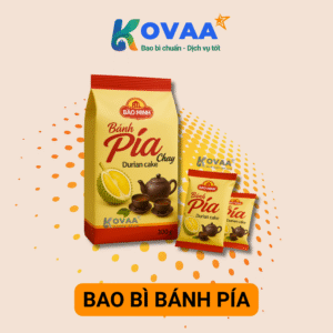 Bao bì bánh pía thiết kế nổi bật, màu sắc tươi sáng, có logo thương hiệu và thông tin sản phẩm
