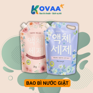 Bao bì nước giặt dạng túi màng ghép đa lớp, in hình thương hiệu nổi bật và vòi rót tiện dụng.