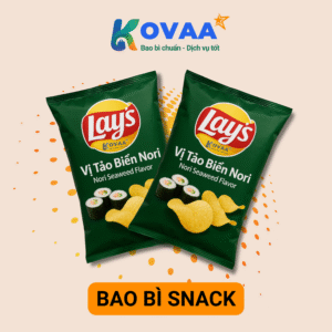 Bao bì snack 4 Bao bì snack in logo thương hiệu, màu sắc bắt mắt, nhận diện mạnh trên kệ siêu thị