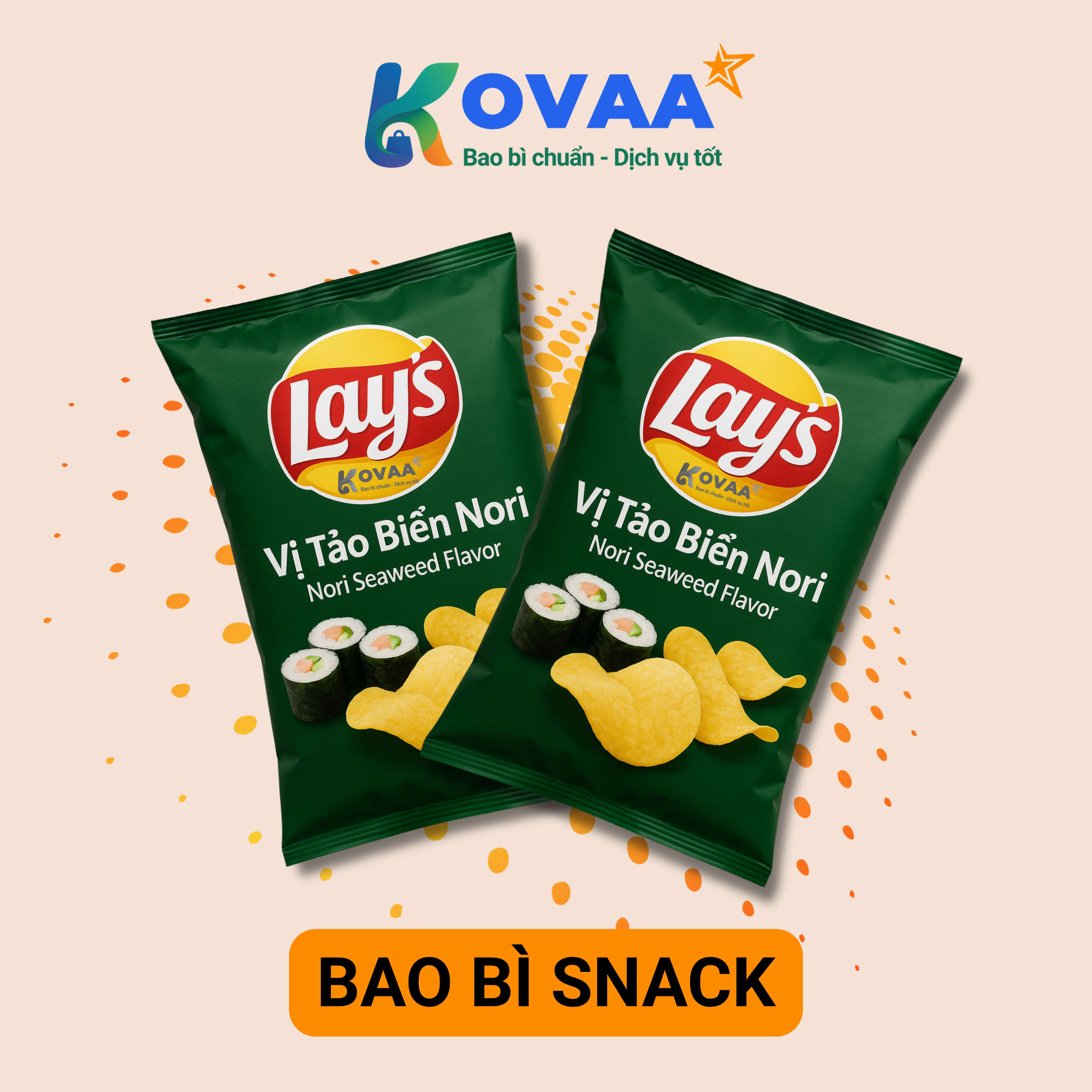Bao bì snack in logo thương hiệu, màu sắc bắt mắt, nhận diện mạnh trên kệ siêu thị