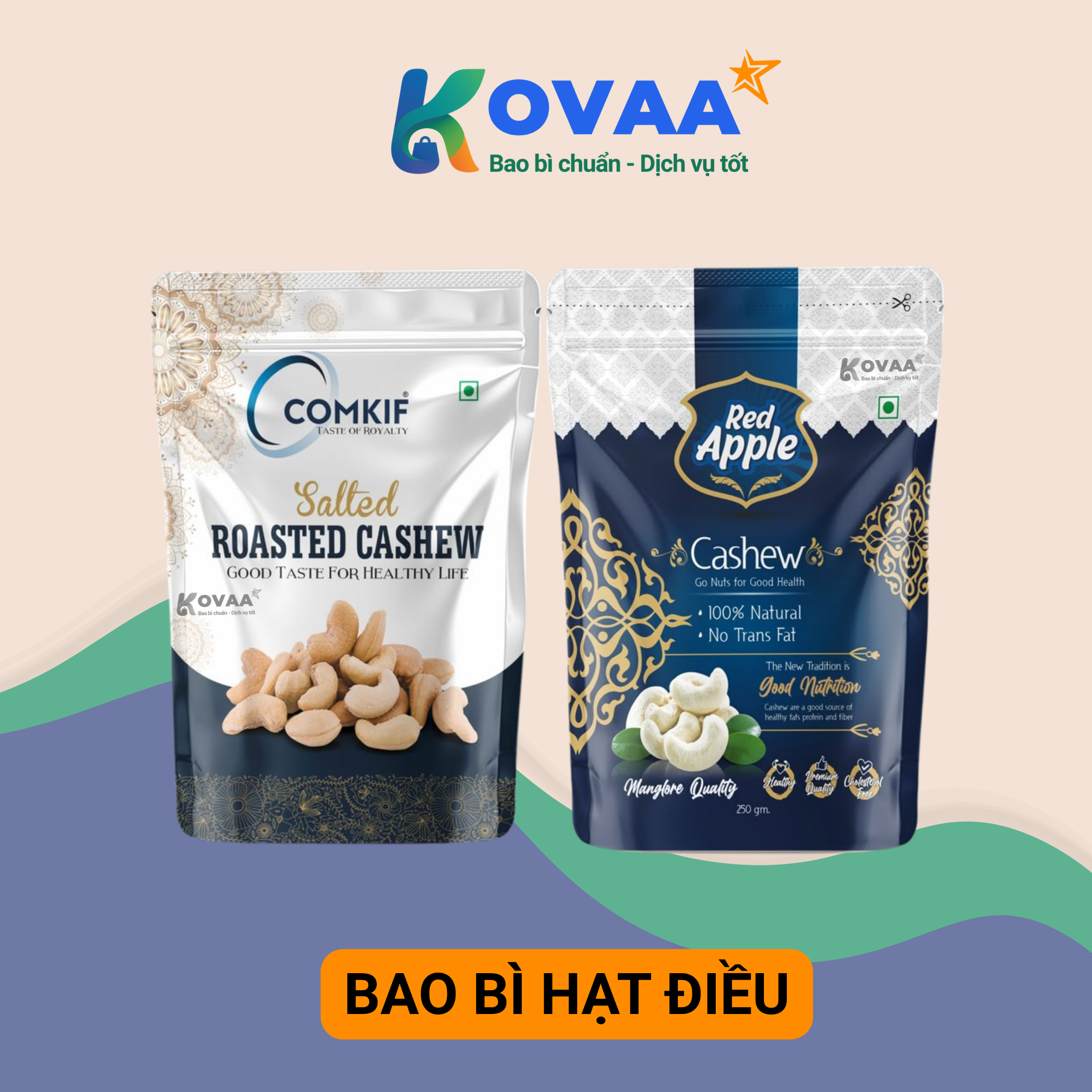 Bao bì hạt điều zipper đáy đứng, khóa kín khí, in logo thương hiệu nổi bật