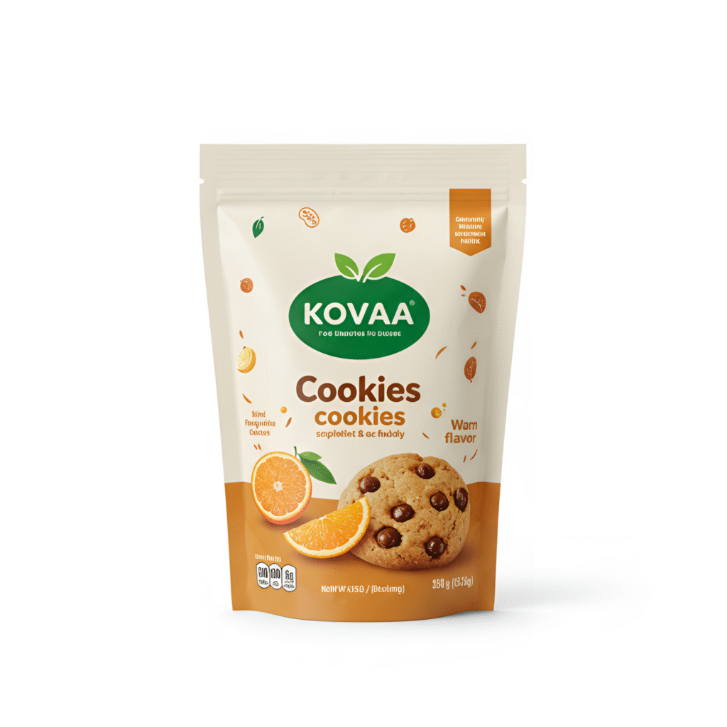 Túi zipper đứng kovaa đựng bánh cookies vị cam và chocolate, thiết kế màu kem cam, in hình bánh quy và lát cam tươi trên bao bì 350g.