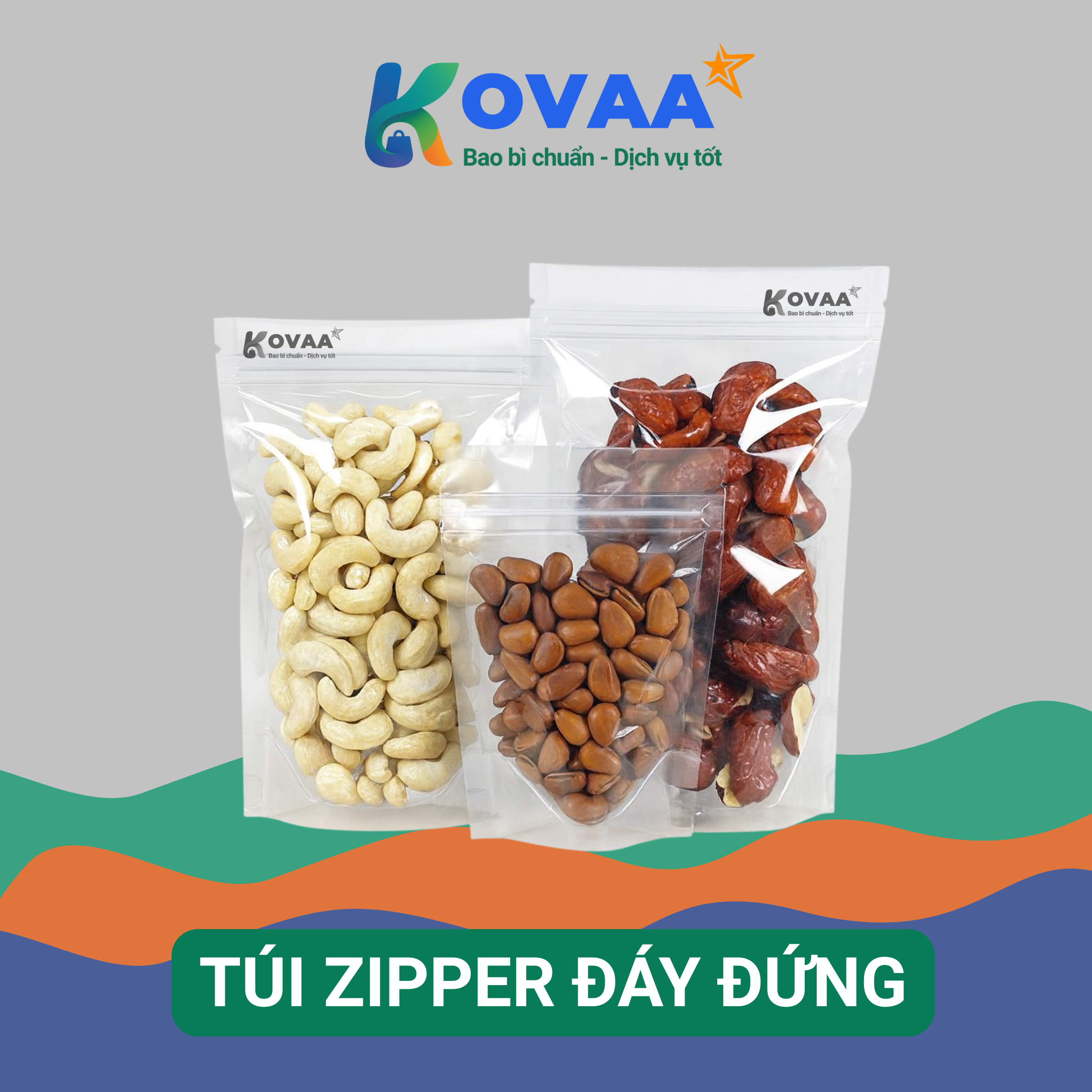 úi zipper đáy đứng trong suốt, khóa kín, chống ẩm, bảo quản hạt và snack