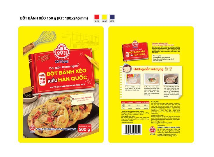 Thiết kế bao bì túi 3 biên bột bánh xèo kiểu Hàn Quốc in theo yêu cầu, màu sắc nổi bật, hướng dẫn sử dụng chi tiết